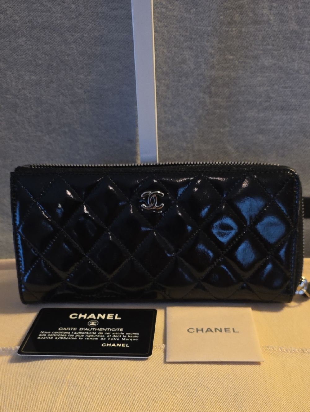 CHANEL Black Quilted Patent Leather Zip-Around Wallet